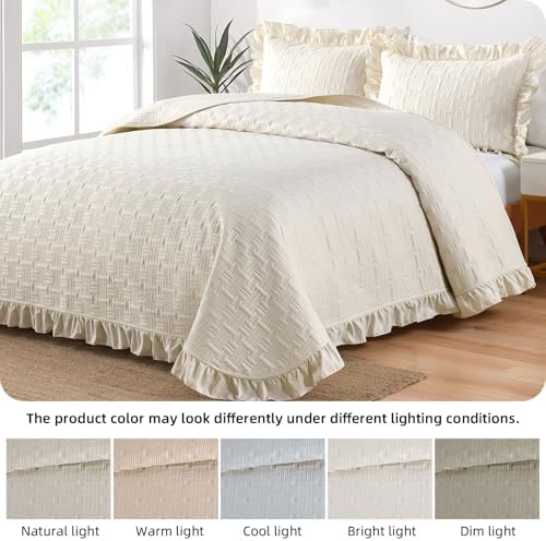 DJY California King Quilt Bedding Set, Ruffled Bedspreads, Beige