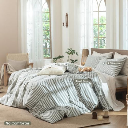 MooMee Striped Duvet Cover Set 100% Washed Cotton Linen Like King