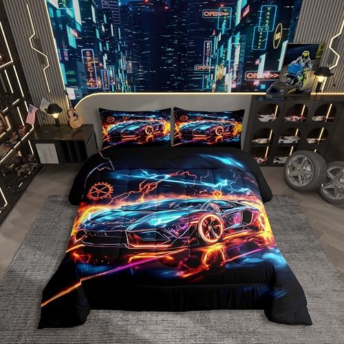 Erosebridal Ice Fire Race Car Boys Toddler Comforter Set,Blue Black Cars Bedding Set for Kids Children Teens Girls,Orange Blue Geometric Wheel Racing Car Quilt,Extreme Sports Bedding Sets for Boys