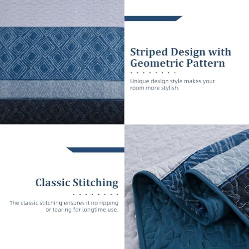 Cottolester Navy Blue Full Quilt Set,Striped Plaid Bedspread Coverlet Set