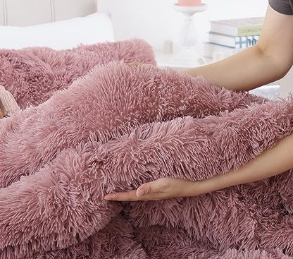 Smoofy Fluffy King Size Comforter Set, Old Pink Faux Fur Comforter Set 3Pcs