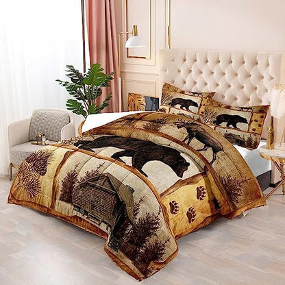 LUVIVIHOME 3PCS Rustic Cabin Comforter Set Queen Size, Moose Bear Bedding Brown Quilt, Deer Woodland Forest Animal Wildlife Hunting Hunter Lodge Country Rustic Farmhouse Bedroom Decor, 2 Pillow Shams
