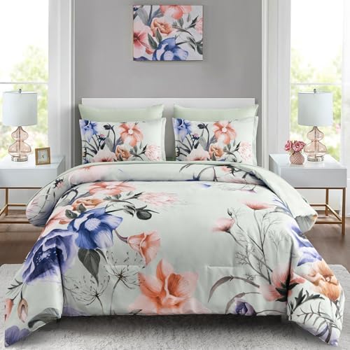 Luxudecor Floral Comforter Set Queen Size 7 Piece, Green Flower Bed in a Bag, Elegant Floral Comforter with Sheet Set, Soft Microfiber Bedding Set for All Season (Green, 90"x90")