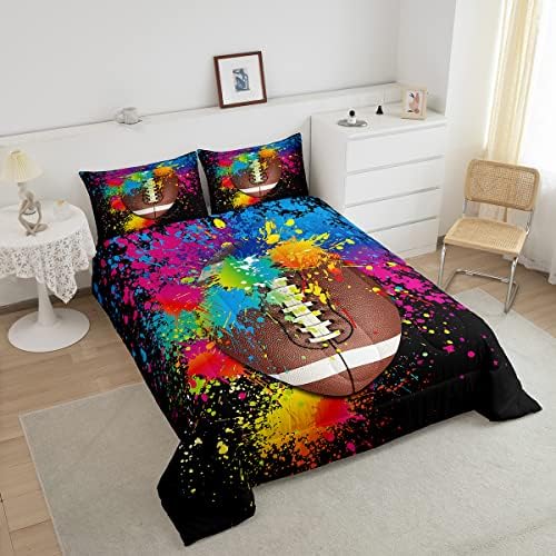 American Football Comforter Set Twin Size,Modern Game Extreme Sport Bedding Set 2pcs for Teens Boys Adults Room,Watercolor Graffiti Duvet Insert Tie Dye Quilted Duvet Set with 1 Pillowcase,Black