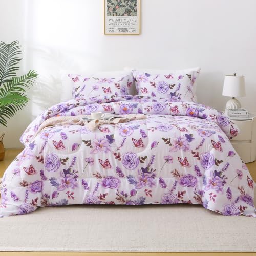 Mooreeke Purple King Size Comforter Sets, Purple Flower and Butterfly Printed Bedding for All Seasons, 3-Piece Vintage Bed in a Bag with Fluffy Quilted Reversible Comforter & 2 Pillow Shams