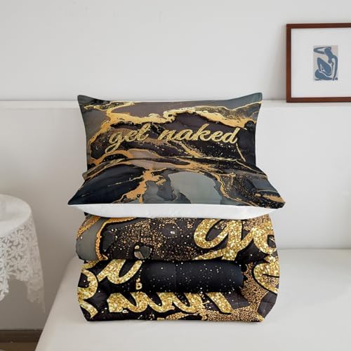 Homewish Get Naked Comforter Set Queen Size,Gold Glitter Black Marbling Print Bedding Set for Adult Women Men Room Decor,Valentine's Day Funny Quotes Quilt Set Luxury Black Duvet Insert,2 Pillowcases