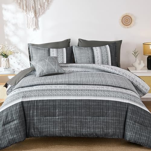 Dintszyayue Grey Queen Comforter Size Set, 8 Pieces Striped Texture Bed in a Bag Bedding Sets, Lightweight Soft Comforter and Sheet Set, All Season Microfiber Teen Boys Bedding Sets for Men Women