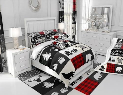Castle Fairy Deer Antlers Comforter Set King Size,Bear Pine Wolf Hunting Camper Bedding Set All Season Quilt Set,Adventure Rustic Farmhouse Red Plaid Microfiber Polyester Down Comforter