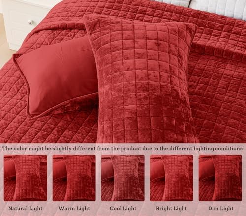 Quilt Set Oversized King Size 120x120 Luxurious Velvet Bedding Sets with 2 Pillow Shams 20x36 3 Pieces Ultra Soft Quilted Bedspread Coverlet Comforter for All Season,Red