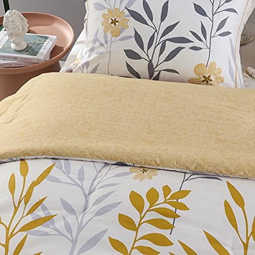 SLEEPBELLA Comforter King Size, 600 Thread Count Cotton Grey Branch with Yellow Flower & Grey Leaves Pattern Orange Reversible Comforter Set,Down Alternative Bedding Set 3Pcs(King, Yellow Botanical)