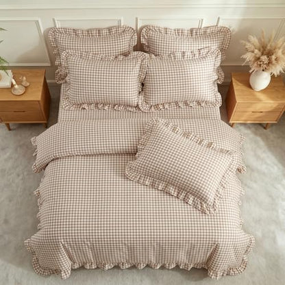 Nayoroom Brown Ruffle Gingham Comforter Set Full Plaid Checkered Bedding