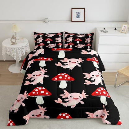 Erosebridal Cute Mushroom Down Comforter King Kawaii Coastal Axolotl Bedding Set for Kids Girls Women Pink Axolotl Red Mushrooms Comforter Set Fish Botanical Plant Bedding Quilted 3 Pcs