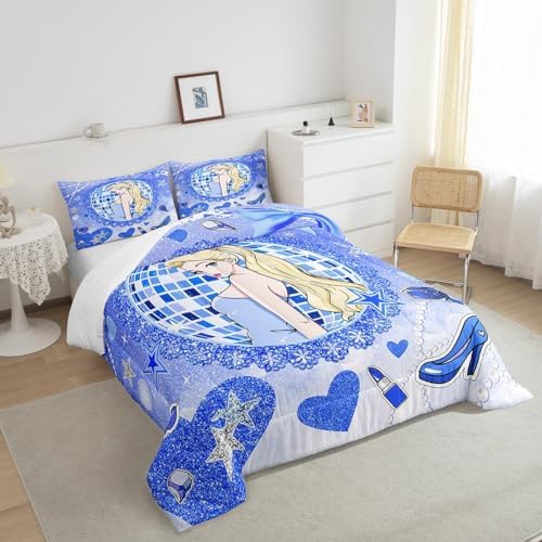 Princess Girly Kids Comforter Set Full Size,Bowknot High-heeled Shoes Lip Dreamy Bedding Set,Girls Women Room Decor,Glitter Sequin Star Diamond Down Comforter,Blue Noble Duvet Insert,2 Pillowcases