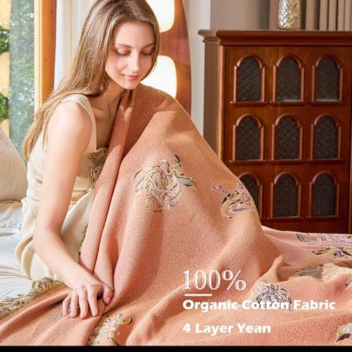 VANJOROY Boho Throw Blanket 60" x 80", 100% Organic Cotton Breathable Skin-Friendly Ultra Soft Bed Quilt Throw - Floral Rustic Decor Luxury Reversible Blanket for Sofa Couch Chair and Gift,