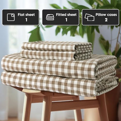 SONORO KATE 100% French Linen Queen Size Sheets Set,Natural Flax Bedding