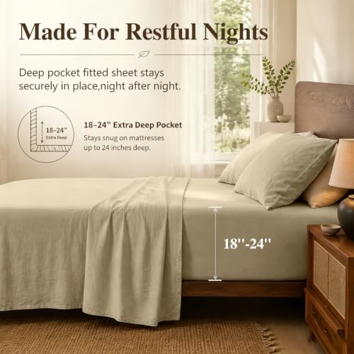 MEISHANG 100% French Linen Sheets California King,4 Pcs,18-24" Deep Pocket