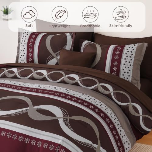Red Brown Comforter Set Queen Size,8 Pieces Patchwork Striped Bed in a Bag