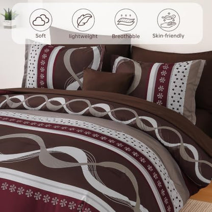 Red Brown Comforter Set Queen Size,8 Pieces Patchwork Striped Bed in a Bag
