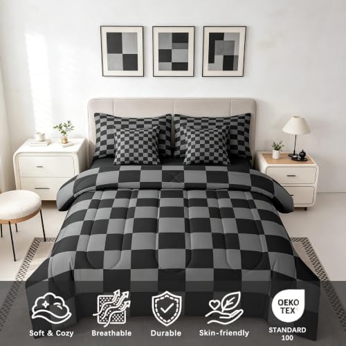 Checkered Retro Comforter Set King Size 7 Pieces Black Grey Plaid Bedding Set for Kids Boys Girls Geometric Vintage Bed in a Bag Modern Simple Groovy Aesthetic Bedroom Decor Quilted Lightweight