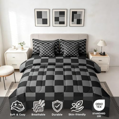 Checkered Retro Comforter Set King Size 7 Pieces Black Grey Plaid Bedding Set for Kids Boys Girls Geometric Vintage Bed in a Bag Modern Simple Groovy Aesthetic Bedroom Decor Quilted Lightweight