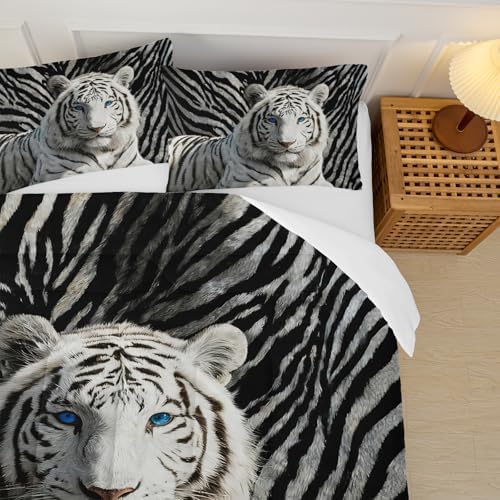 3Pcs White Tiger Comforter Set Full Size for Teen Boys Girls Room Decor,3D Animals Print Comforter Set,Wild Animals Theme Black White Stripe Tiger Bedding Set
