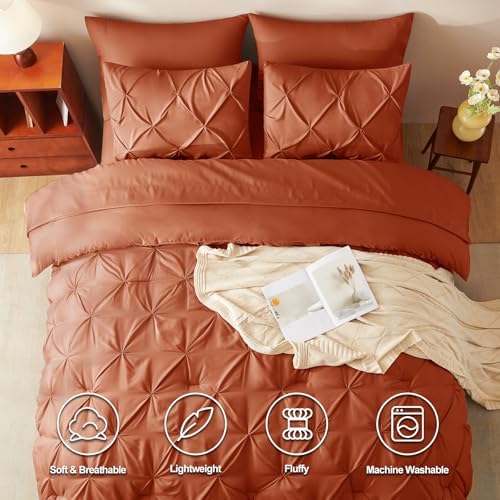 HIMEET Full Size Comforter Set Burnt Orange - 7 Pieces Pintuck Bed in a Bag