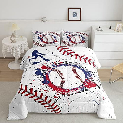 Castle Fairy Baseball Comforter Set Queen Size Graffiti Red Navy Blue Bedding Set 3pcs for Kids Boys Teens Bedroom Decor Ball Sports Gaming Quilt Set Baseball Player White Duvet Insert,2 Pillowcases