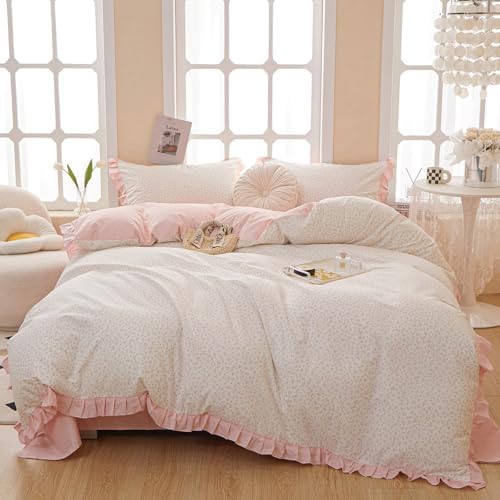 VM VOUGEMARKET Pink Flower Duvet Cover Set Queen Romantic Girls Ruffle Lace Bedding Set Soft Cotton Girls Duvet Cover with 2 Pillow Shams