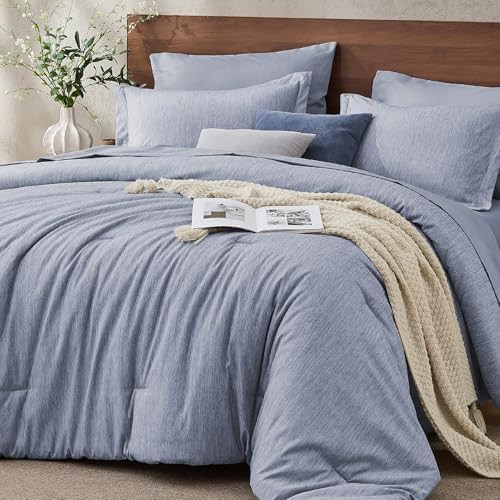 JOLLYVOGUE Navy Blue King Comforter Set, Cationic Dyeing Bed in a Bag King 7 Pieces, Double-Tone Bedding Set with Down Alternative Comforter, Sheets, Pillowcases & Shams