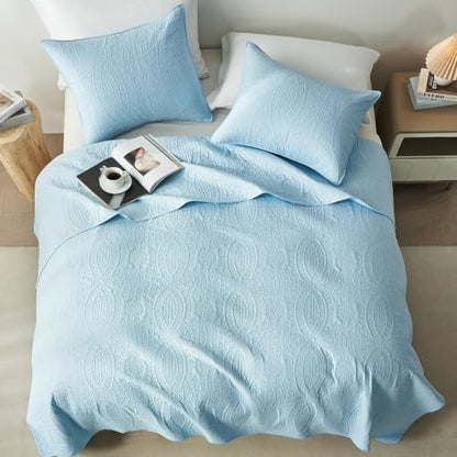 akkialla 118"x106" Sky Blue California King Quilt Set, Oversized Floor-Length Bedspread, Modern Coin Pattern Microfiber Coverlet, 3-Piece All Season Bedding with 2 Pillow Shams