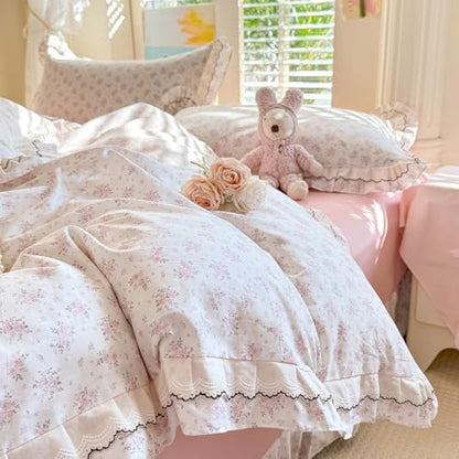 French Style Ruffle Duvet Cover King with Pink Flower Pattern, 100% Cotton Vintage Cottagecore Duvet Cover with 2 Pillowcases, Princess Lace Bedding Botanical Flower Comforter Cover with Zipper Ties