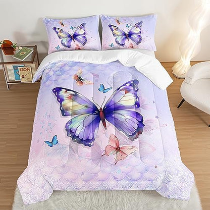 HOSIMA Butterfly King Size Comforter Set with 2 Pillowcases, Mandala Butterfly Bedding Sets for Girls Teen Women Room Decor, Purple Comforter College Dorm Essentials