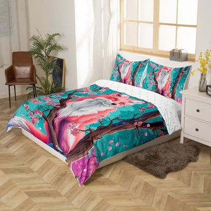 Feelyou Kids Fox Duvet Cover Queen Size Cherry Blossoms Bedding Set Boys Girls Japanese Style Comforter Cover Set Cute Kawaii Animal Pattern Sakura Flower Bedspread Cover（No Comforter