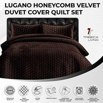 Tribeca Living Lugano Oversized Velvet Quilt Set - All Season, Extra Large, 2 Piece Twin Size Comforter Set with 1 Pillow Sham in Chocolate Honeycomb Pattern 260GSM