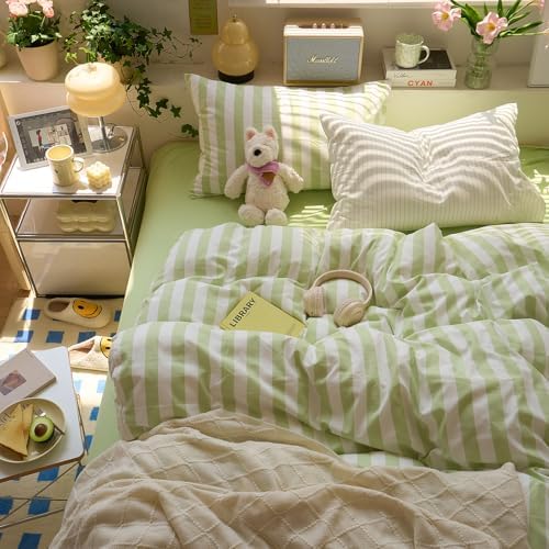 VM VOUGEMARKET Striped Duvet Cover Set Queen Teens Boys Girls Dorm Bedding Set Soft Lightweight Reversible Microfiber Farmhouse Duvet/Quilt Cover-90 x90,Green White