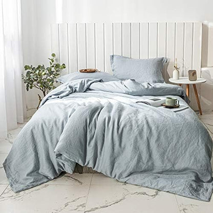 Simple&Opulence 100% Linen Duvet Cover Set 3pcs Basic Style Natural French Washed Flax Solid Color Soft Breathable Farmhouse Bedding with Button Closure - Dusty Blue, Full
