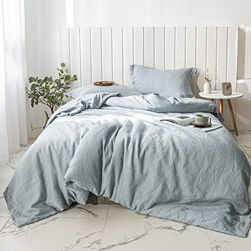 Simple&Opulence 100% Linen Duvet Cover Set 2pcs Basic Style Natural French Washed Flax Solid Color Soft Breathable Farmhouse Bedding with Button Closure - Dusty Blue, Twin