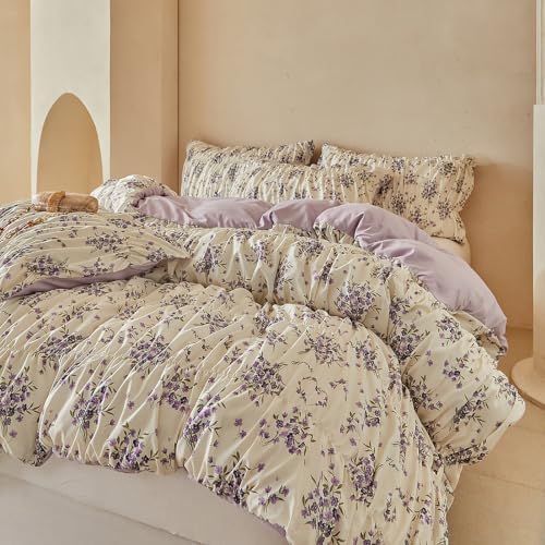 VM VOUGEMARKET Shirred Duvet Cover Set Twin,Vintage Purple Floral