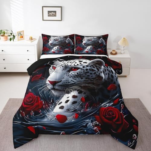 jejeloiu Leopard Comforter Set Full Size Kids Cheetah Print Rose Bedding Set for Boys Girls Teens Wild Animal Duvet Breathable Safari Quilt Bedroom Decor,1 Comforter with 2 Pillowcase