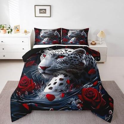 jejeloiu Leopard Comforter Set Full Size Kids Cheetah Print Rose Bedding Set for Boys Girls Teens Wild Animal Duvet Breathable Safari Quilt Bedroom Decor,1 Comforter with 2 Pillowcase