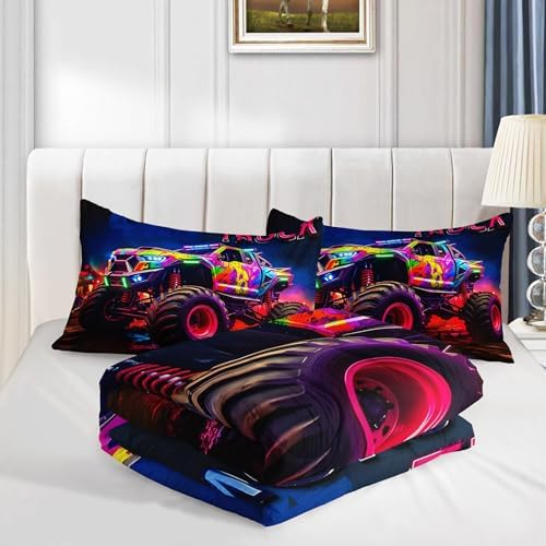 AILONEN Colorful Monster Truck Comforter Set Full Size, Cartoon Car Bedding Set for Kids,Teens,Adults,3D Print Giant Pickup Truck Comforter Set for All Season,3-Pieces,1 Quilt with 2 Pillowcases,Soft