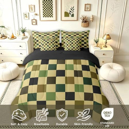Checkered Retro Comforter Set King Size 7 Pieces Hunter Green Plaid Bedding Set for Kids Boys Girls Geometric Camo Army Bed in a Bag Modern Hunting Groovy Aesthetic Bedroom Decor Quilted Lightweight