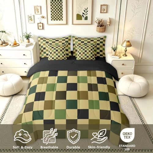 Checkered Retro Comforter Set Twin Size 7 Pieces Hunter Green Plaid Bedding Set for Kids Boys Girls Geometric Camo Army Bed in a Bag Modern Hunting Groovy Aesthetic Bedroom Decor Quilted Lightweight