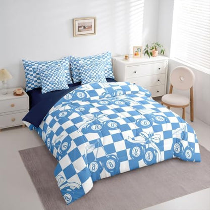 Erosebridal Blue Cheery Bow King Bedding Set 7 Piece for Boys Girls Y2K Trendy Lucky 8 Ball Comforter Set for Kids Teen Adults,Preppy Fashion Checkered Geometric Bed in A Bag Funky Y2K Bed Set