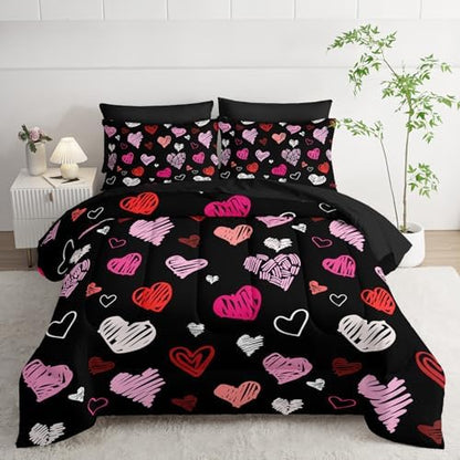 Nttopship Black Heart Comforter Set Queen Size 7Pcs，Love Valentines Day Romantic Soft Bedding Set Pink Watercolor Kawaii Cartoon Love Heart Geometric, Bed Sheet Set Cartoon Black Decor