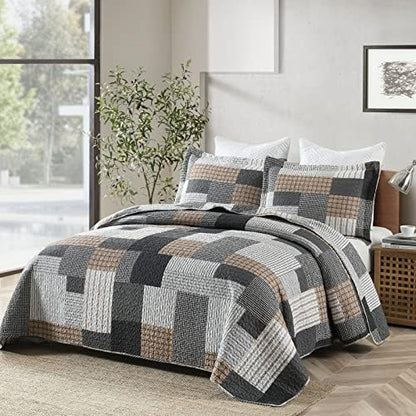 PERHOM Quilt King Size - 100% Cotton Lightweight Bedspread - Gray Brown Black White Plaid Patchwork Soft Reversible Quilt King Size for Bed Set All Season, 3 Pieces