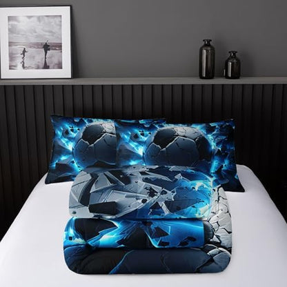 Nttopship Soccer Bedding Comforter Set Full Size for Kids Teens and Adults, Blue Black Football Printed Bedding Sets 3 PCS,Ball Sports Themed Bedroom Decor with 1 Comforter and 2 Pillowcases