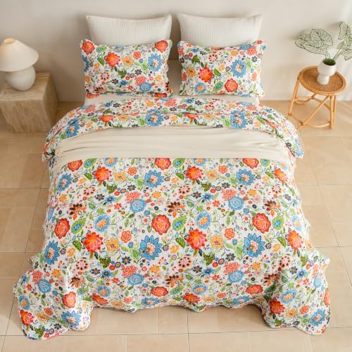 Lady Ann 100% Cotton Floral King Quilt Set, Vibrant Multicolor Folk Flowers Print Quilted Bedspread & Coverlet Set, 3 PCS Lightweight Extra Soft Bohemian Farmhouse Scalloped Edge Bedding Cover