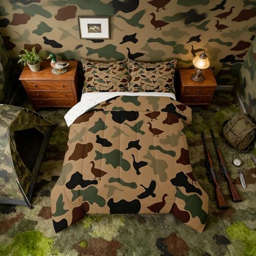 Feelyou Green Camo Comforter Set Queen Size Duck Hunter Bedding Set,Kids Girls Boys Adult Room Black Brown Camouflage Hunting Quilt Set Army Colorful Duvet Insert 1 Comforter and 2 Pillow