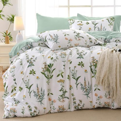 MUXHOMO Bed in a Bag Queen 7 Pieces, Queen Comforter Set Reversible Green Botanical Flowers Design, Ultra Soft & Breathable Bedding Sets with Comforter, Sheets, Pillowcases & Shams